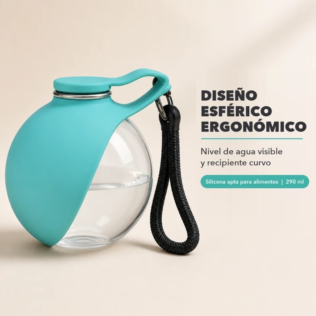 Bebedero portátil para perros pequeños de silicona con diseño esférico y 290 ml